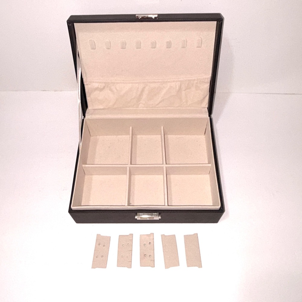 Black Faux Leather Jewelry Organizer Box Silver Latch 6 Compartment Storage Case